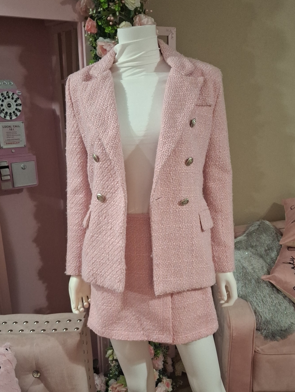 Pink Tweed Double-Breasted Blazer & Skort Set